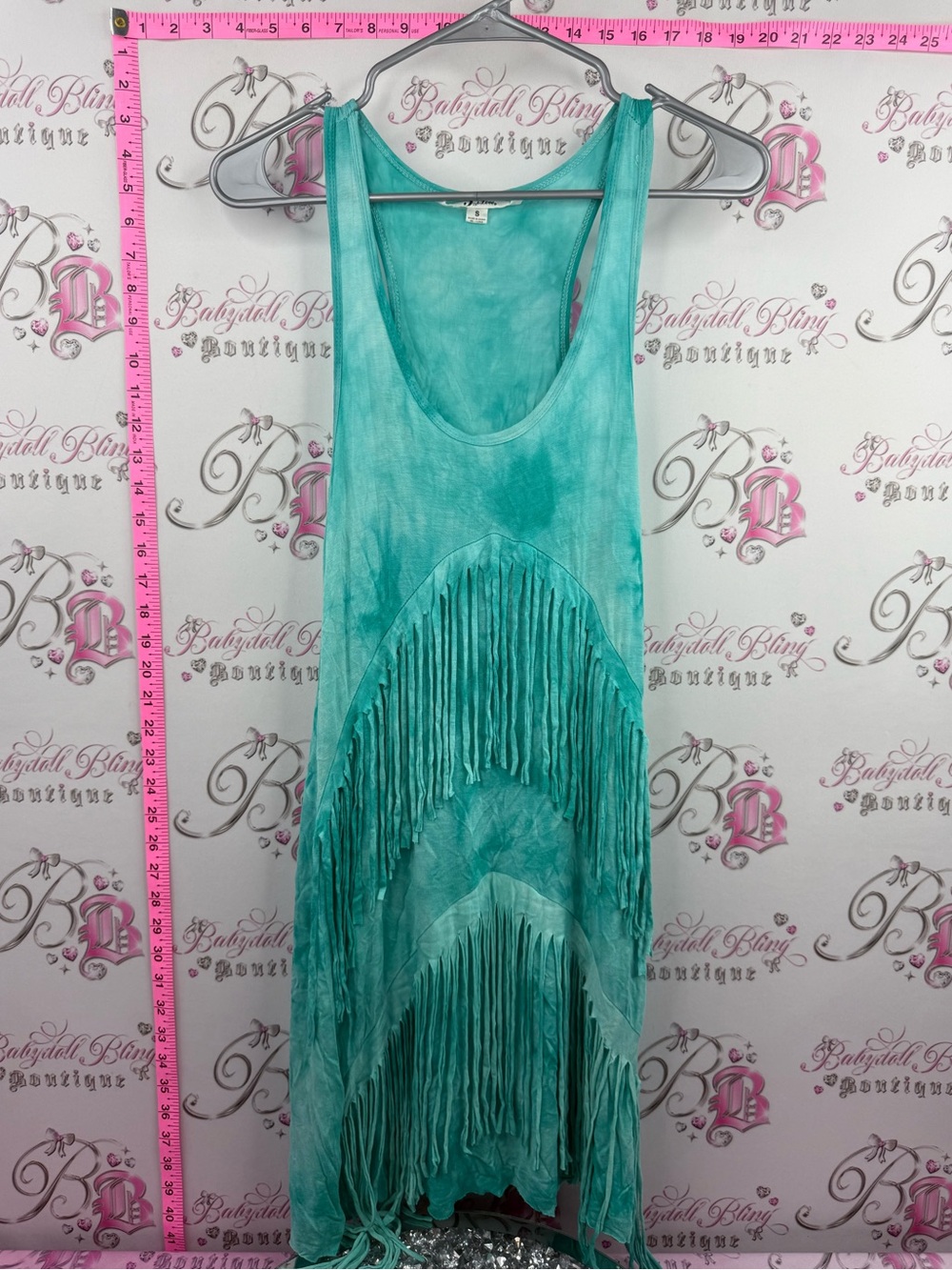 5th & love dress tassle tie dye Fringed Teal Maxi Dress with Scoop Neck
